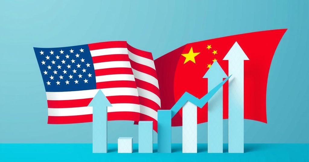 Economic growth forecast with upward trend arrows against a backdrop of U.S. and China flags and trade symbols.