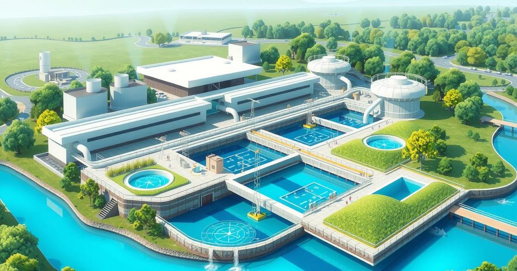 Water infrastructure project concept featuring modern treatment plant and pipelines in vibrant colors, emphasizing sustainability.
