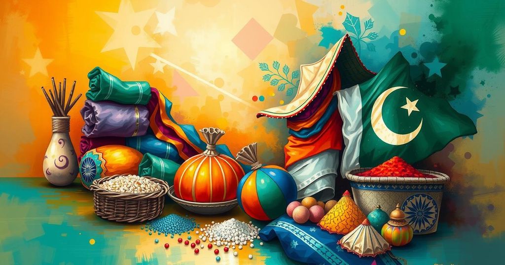 A symbolic representation of trade and diplomacy between India and Pakistan featuring trade elements and cultural motifs.