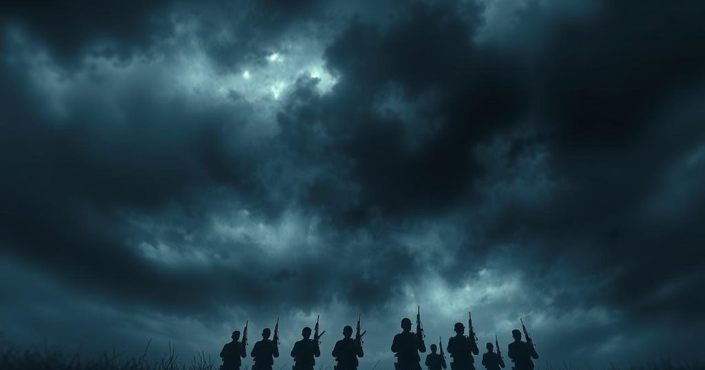 Abstract representation of a geopolitical tension, featuring military silhouettes against a dark stormy background.