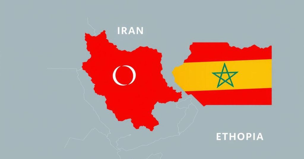 A map of Ethiopia and Iran symbolizing their growing security cooperation, with flags and abstract shapes representing unity.