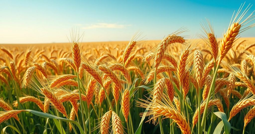 Vibrant landscape of golden wheat fields under a bright blue sky, symbolizing agricultural prosperity and trade.