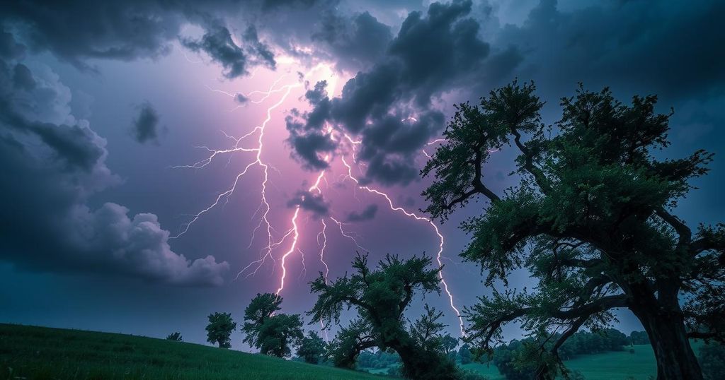 Severe thunderstorm over dark clouds with flashes of lightning illuminating the sky above trees and landscape.