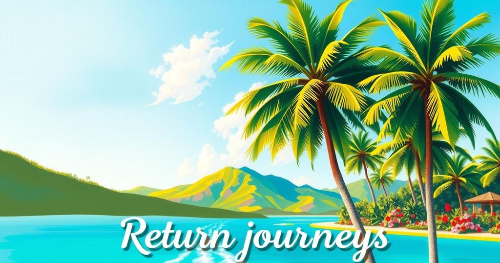 Landscape featuring an abstract tropical setting symbolizing return journeys, vibrant colors create a warm atmosphere.
