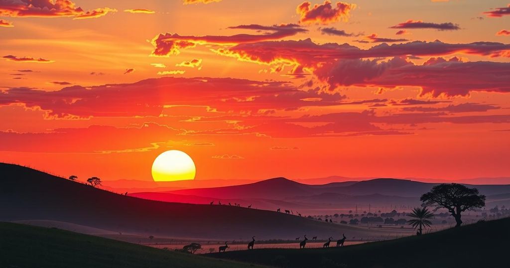 A peaceful landscape of Sudan, featuring a vibrant sunset over rolling hills, symbolizing hope and unity.