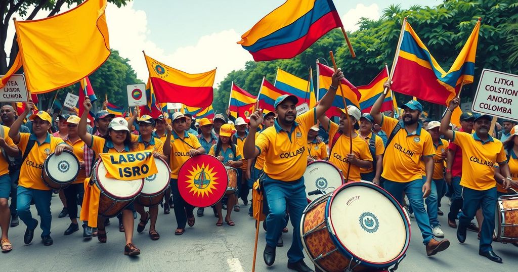 Colorful protest scene illustrating labor union demonstrations in Colombia, featuring banners and drums in vibrant hues.