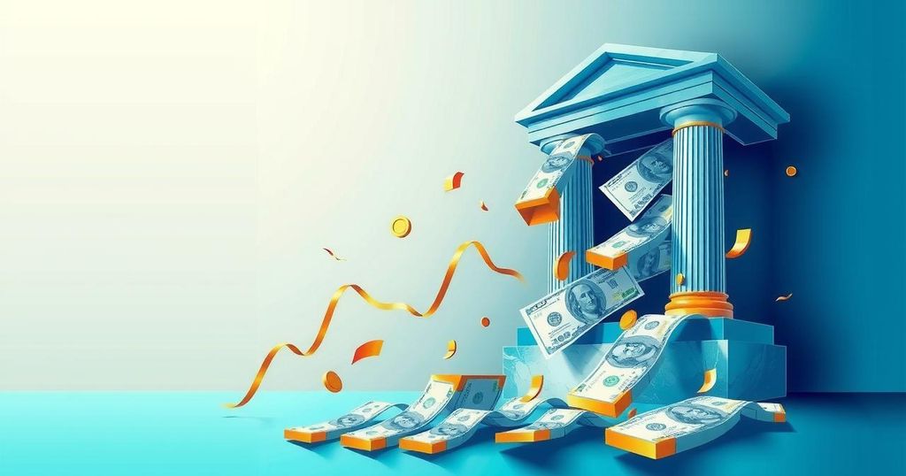 Abstract representation of banking liquidity scarcity with a diminishing flow of currency in vibrant hues.