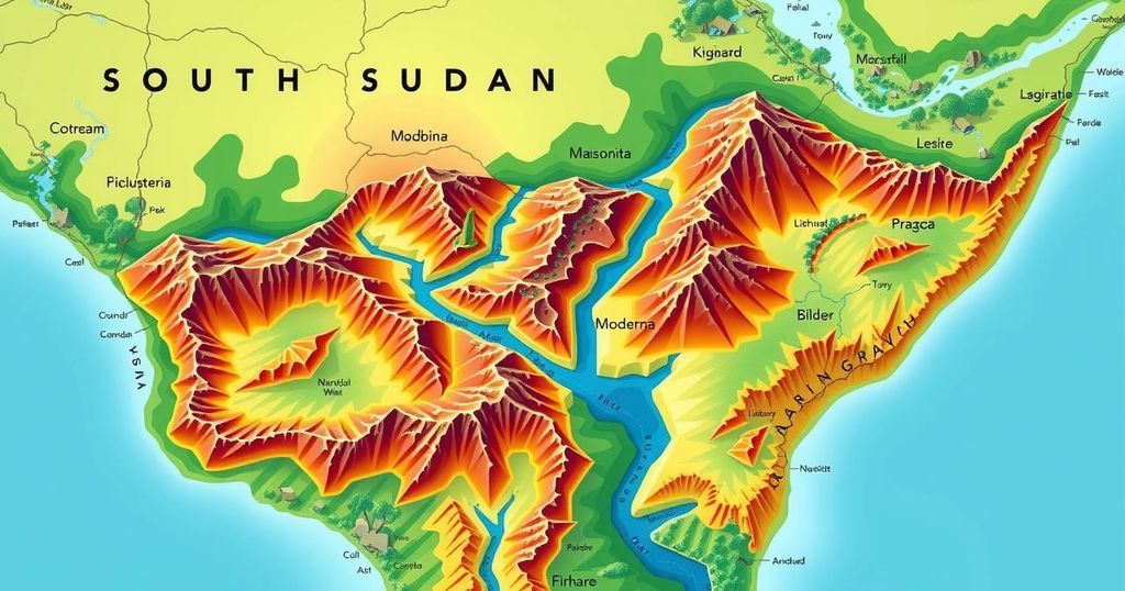 A detailed map featuring South Sudan's landscape, showcasing natural elements and vibrant colors.