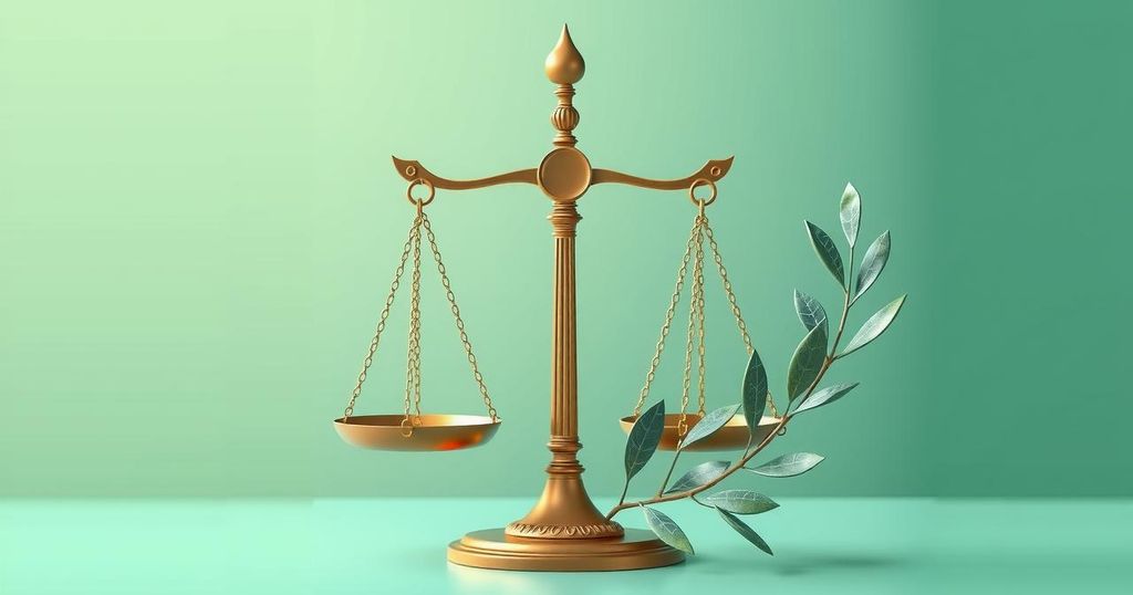 A conceptual art piece symbolizing diplomacy and conflict resolution, featuring a balanced scale and olive branch.