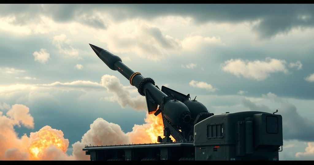 A rocket system test scene with a cloudy sky, showcasing dramatic launch amidst tensions, featuring military colors.