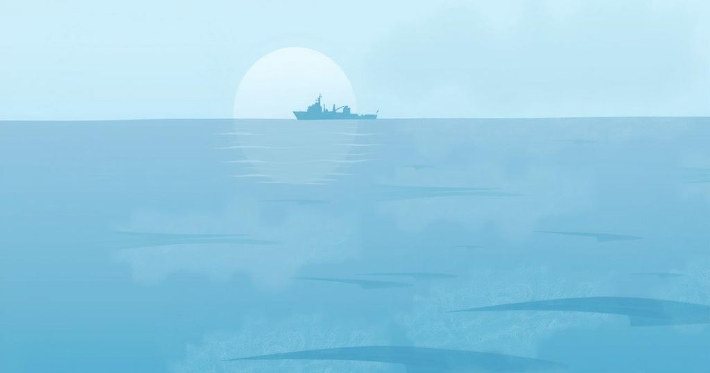 A serene blue ocean with a distant silhouette of a ship, representing maritime inspections under international resolutions.