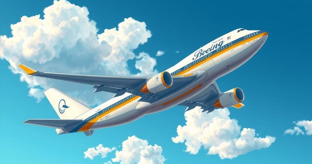 Colorful depiction of a luxurious Boeing 747 in the sky, showcasing opulence and political controversy.