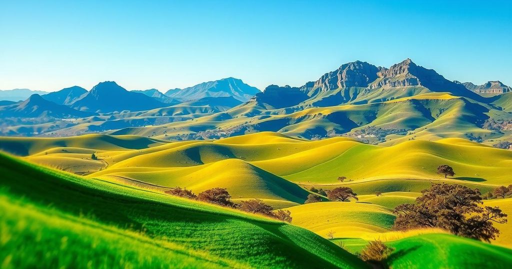 A serene landscape depicting South Africa's diverse geography, featuring rolling hills and bright skies, symbolizing hope.
