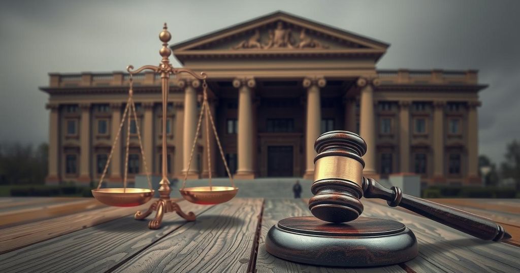 A symbolic depiction of justice scales and a gavel against a backdrop of a courthouse, evoking legal themes.
