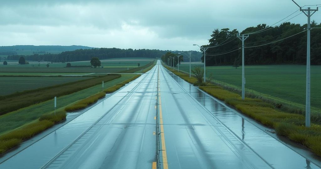 A flooded highway surrounded by green farmlands and distant trees under a cloudy sky, highlighting heavy rainfall impacts.