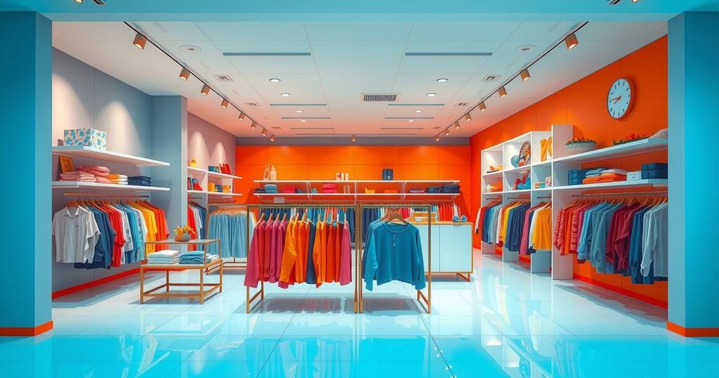 Colorful representation of a modern retail store interior showcasing clothing displays and organization.