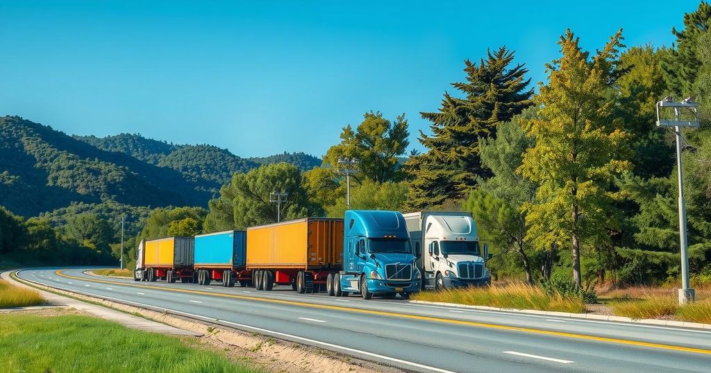 A line of trucks parked on a road during a protest seeking better pay and conditions in a dynamic landscape.