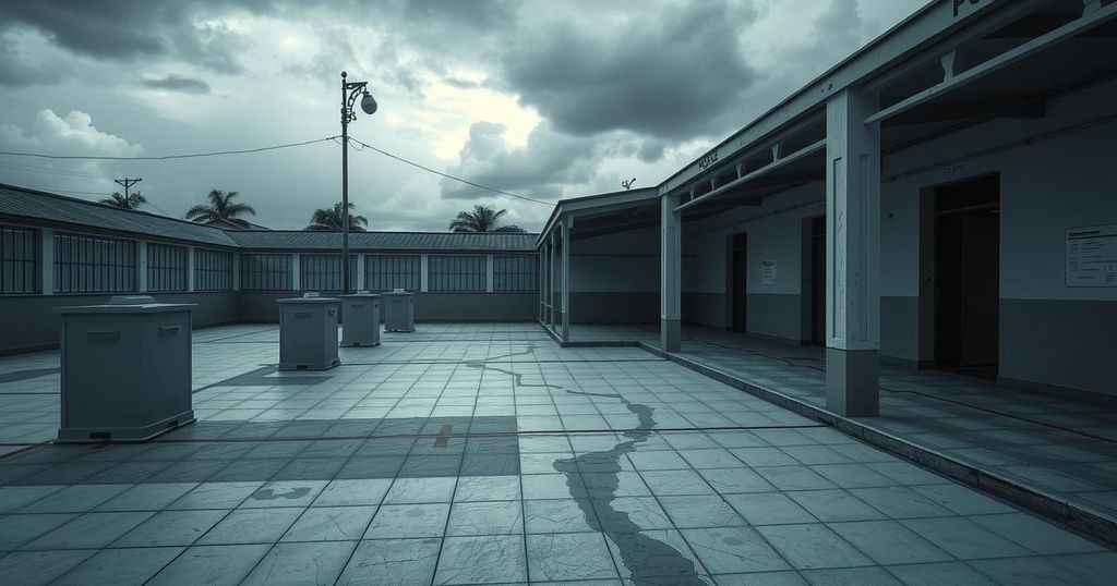 Venezuelan elections scene with empty polling stations under a gloomy sky