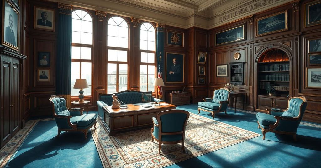 A tense setting in an elegant government office with contrasting colors representing political discussions.
