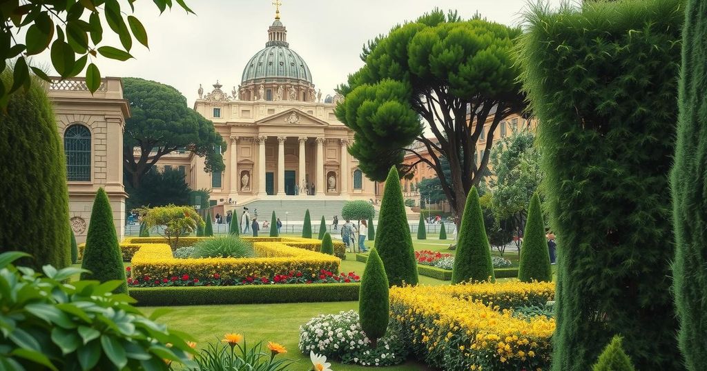 A serene view of the Vatican gardens symbolizing peace and diplomatic discussions, surrounded by lush greenery.