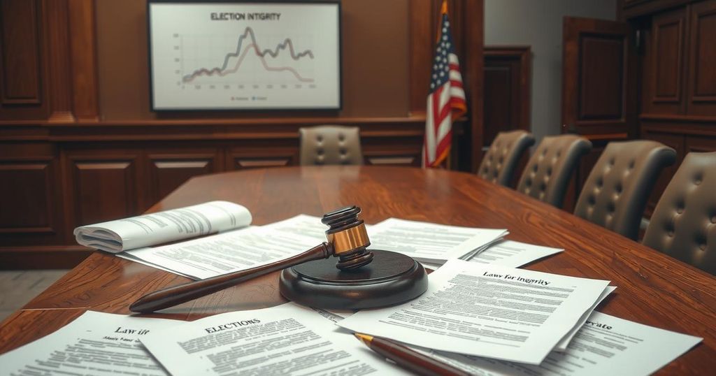 A courtroom scene with legal documents, a gavel, and charts symbolizing election integrity and justice.