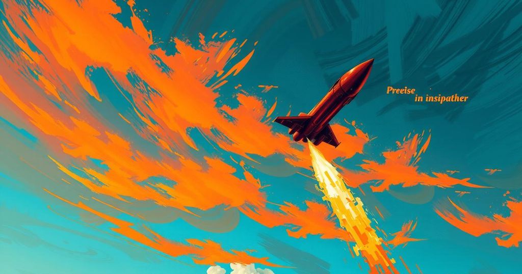 Dramatic scene of a missile in flight against a vibrant sky with abstract clouds, showcasing intense colors.