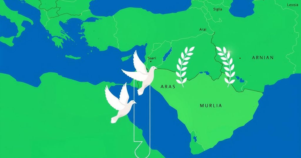 A map of the Arab countries highlighted for the upcoming summit, with symbols representing unity and cooperation.