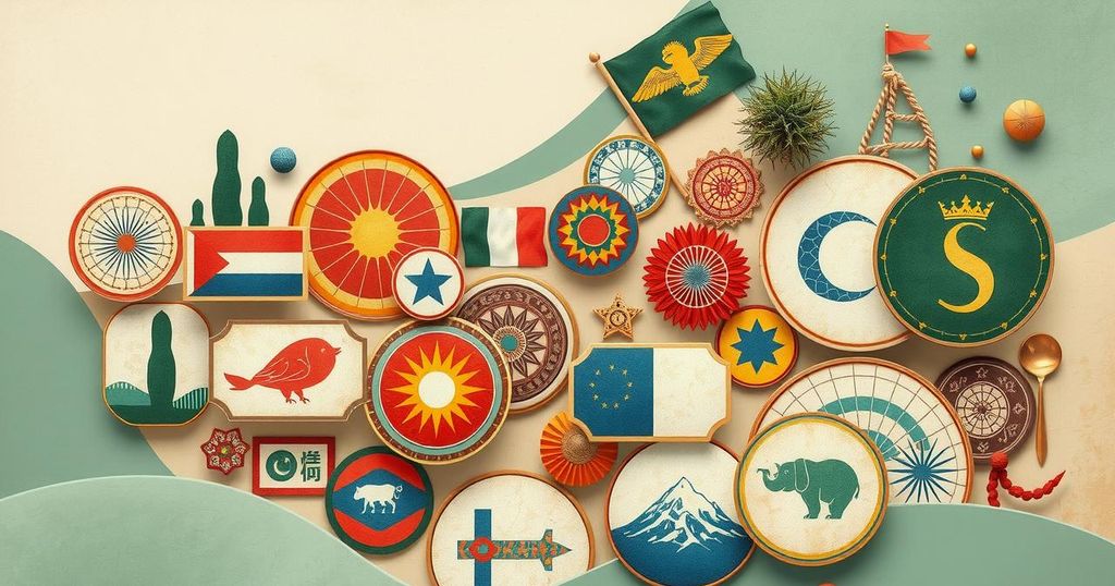 Abstract representation of a cultural and diplomatic exchange, featuring traditional symbols among subtle earth tones.