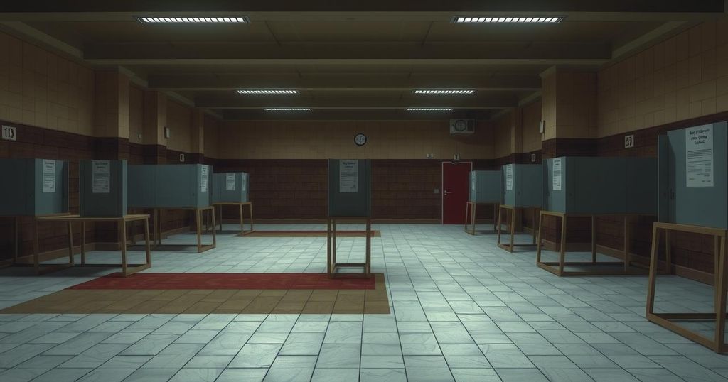 A deserted polling station in Venezuela during elections, representing voter boycott with an empty, somber atmosphere.