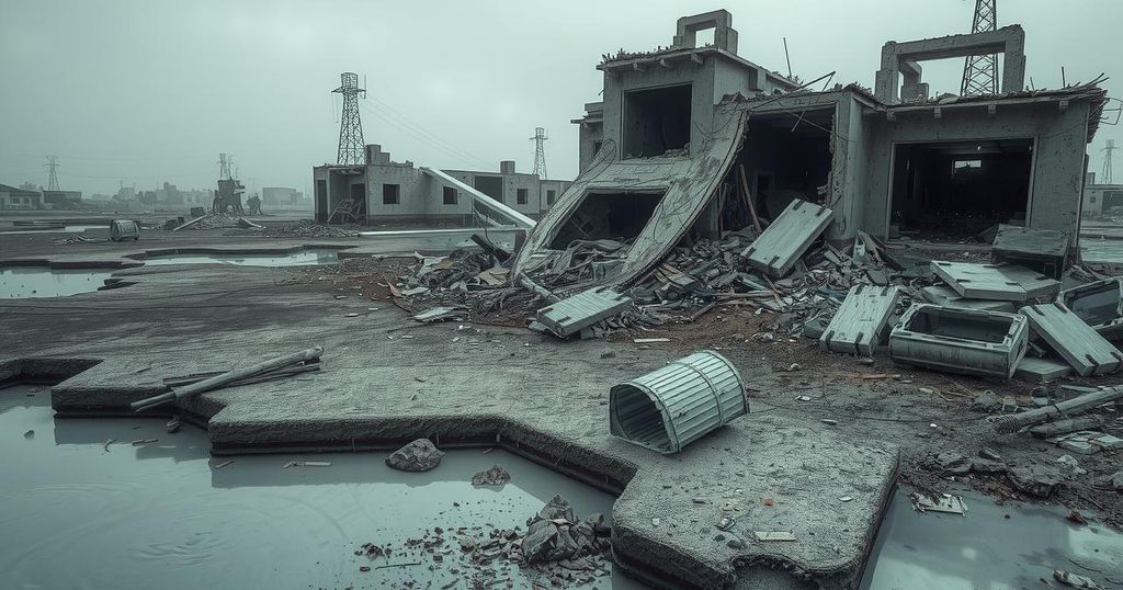 A desolate landscape depicting the aftermath of conflict with empty buildings and polluted water sources.