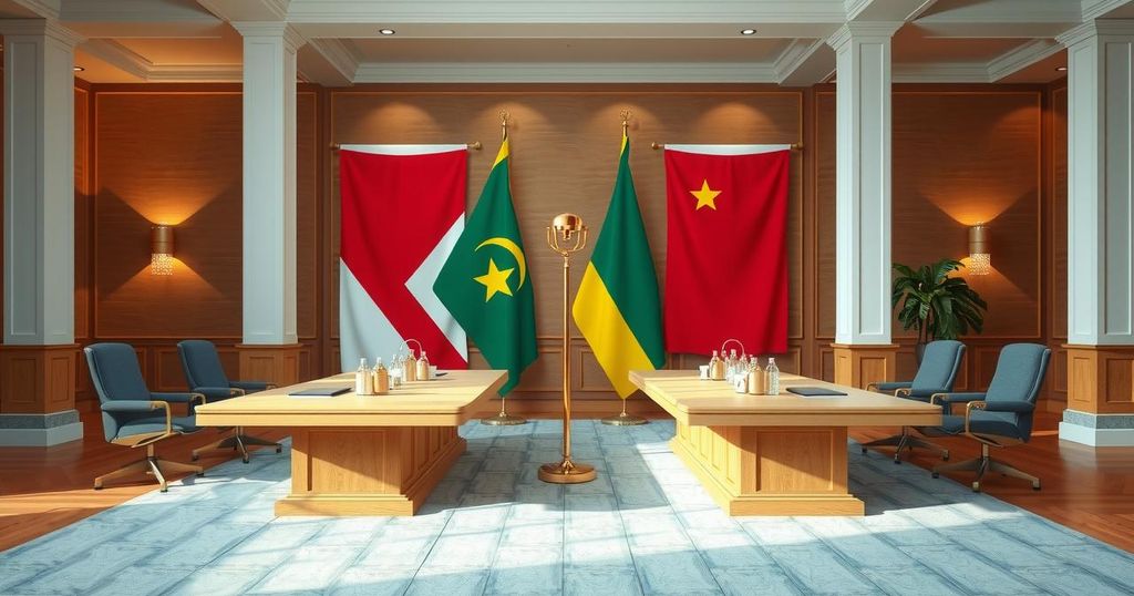 A diplomatic meeting backdrop with flags and desks symbolizing cooperation between West African nations.