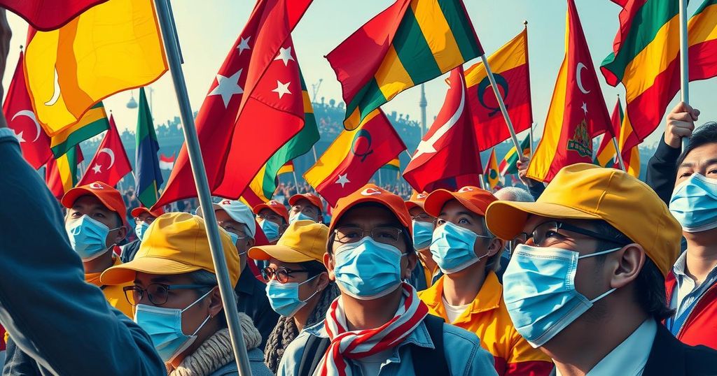 Colorful depiction of a political rally with flags and masks in vibrant hues, showcasing a dynamic atmosphere of protest.