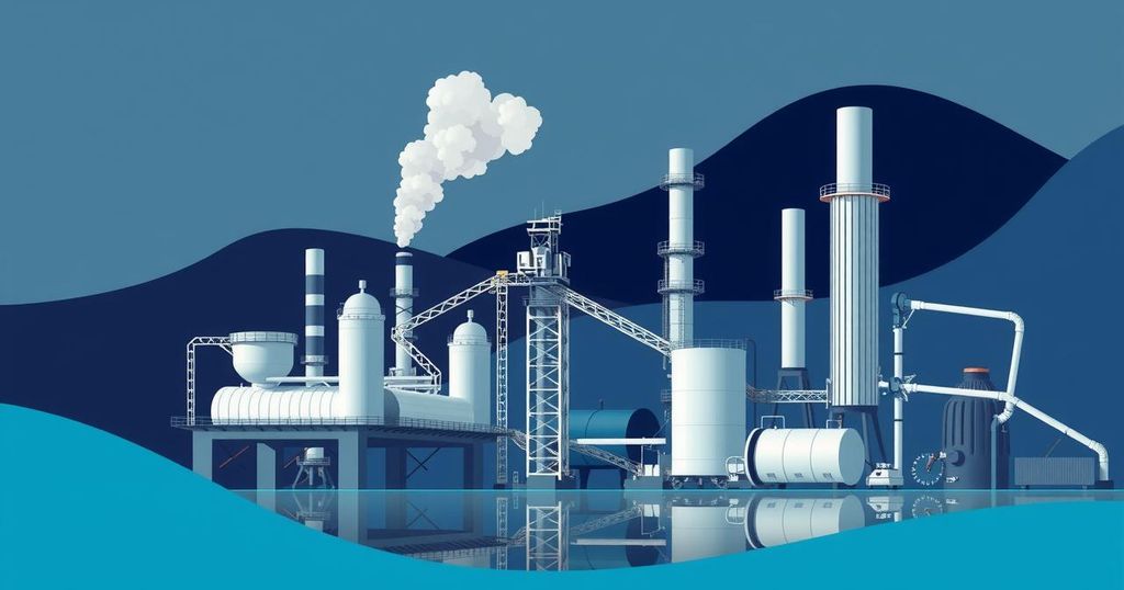 Steel products and tariffs concept with industrial elements and bold colors representing Brazil's economy.