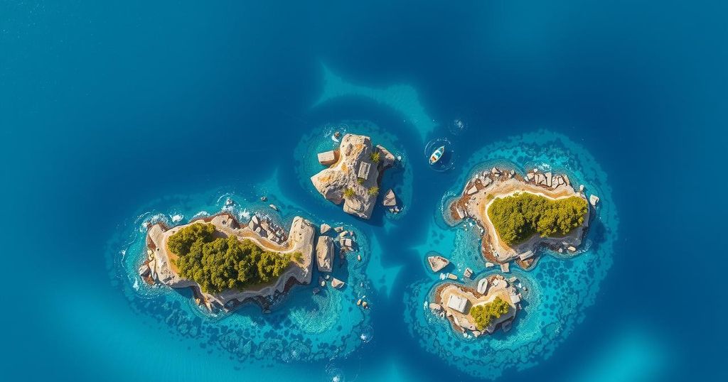Aerial view of uninhabited islands in a vibrant ocean, representing a territorial dispute resolution between nations.