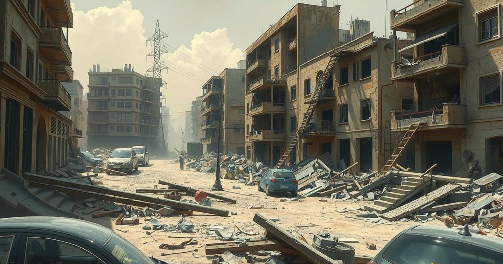 A stark, somber landscape depicting destruction with crumbled buildings, debris, and barbed wire in muted earth tones.