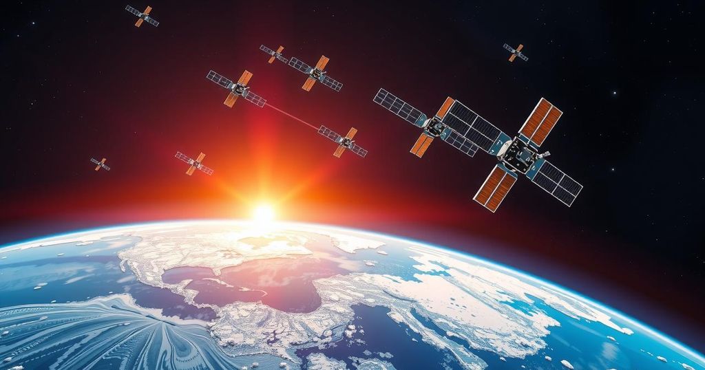 A futuristic satellite constellation in orbit, showcasing advanced technology and global connectivity against a sunset.
