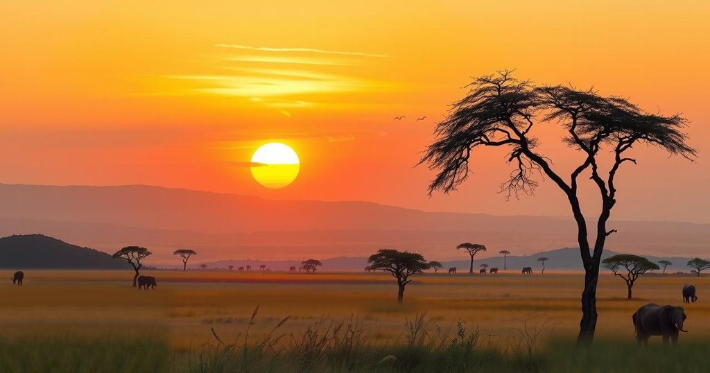 A serene landscape of South Sudan with peaceful sunsets, symbolizing hope amidst conflict.
