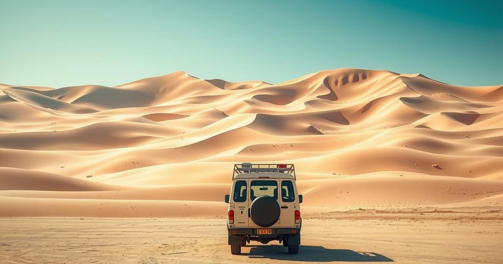 A serene desert landscape depicting a vehicle broken down amid sand dunes, highlighting migration struggles.