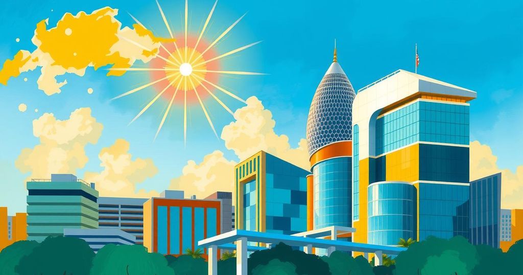 Vibrant Buenos Aires skyline under a blue sky with bursts of yellow and orange, symbolizing political support and progress.