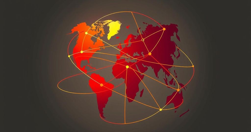 A symbolic representation of international trade alliances featuring a globe with interconnected lines representing the Belt and Road Initiative, using warm colors like red and gold to convey cooperation and growth.