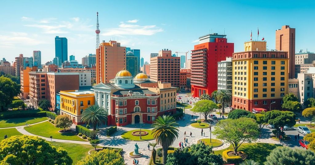 A vibrant cityscape of Buenos Aires showcasing colorful buildings and bustling streets with cultural landmarks.