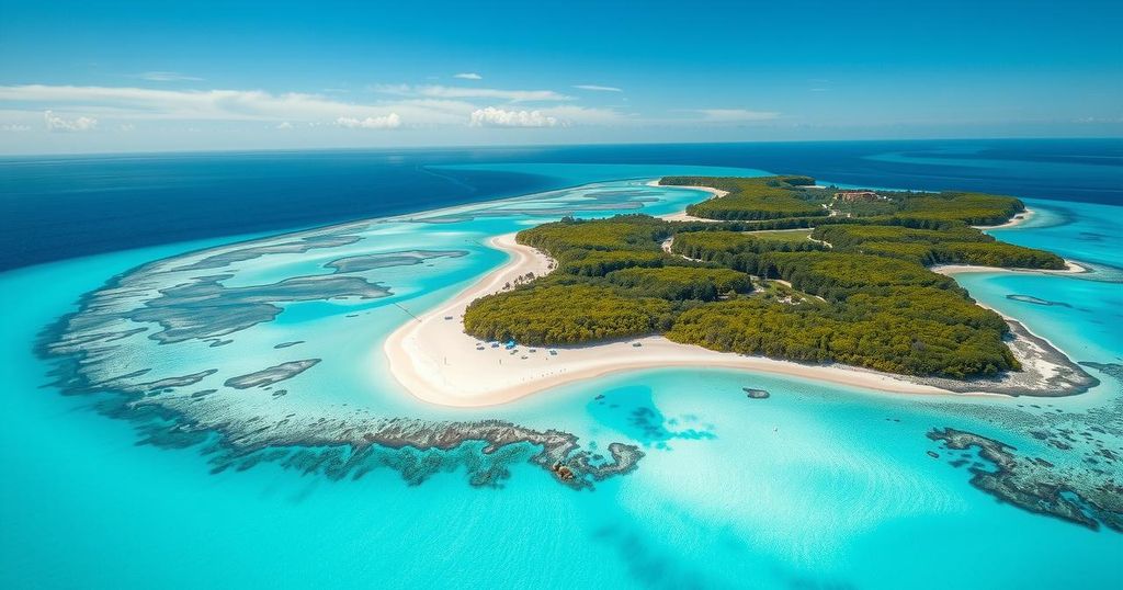 Aerial view of the Chagos Islands with turquoise waters, white sandy beaches, and lush greenery under a blue sky.