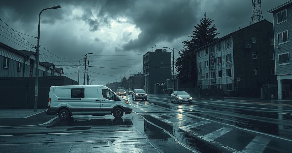 Dark clouds loom over a flooded city scene with submerged roads and abandoned vehicles in an urban area.