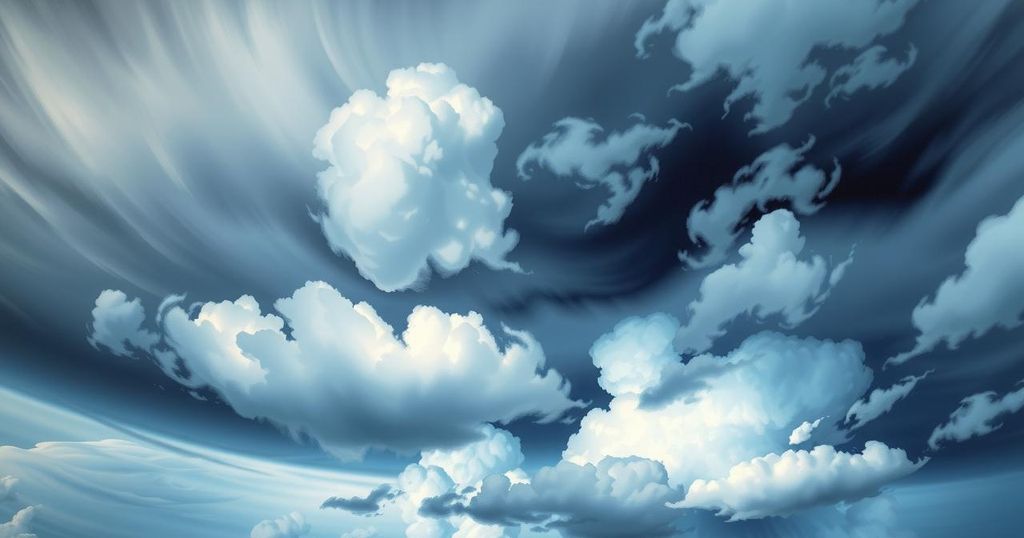 A landscape depicting a stormy sky with clouds, suggesting tension, with dark gray and blue undertones.