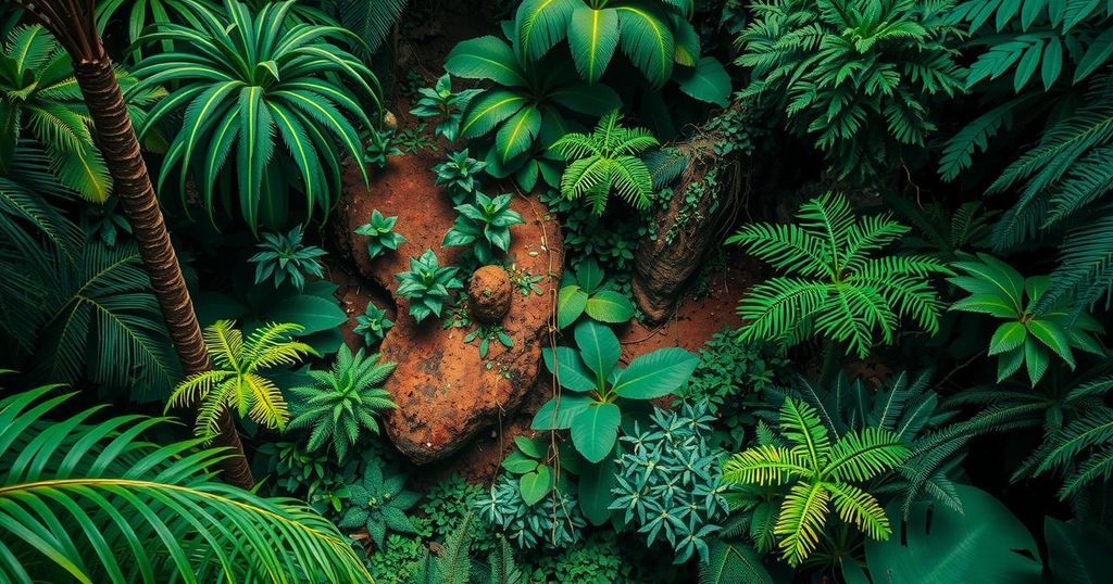 A lush Amazon rainforest representing Indigenous land rights, vibrant greens and natural tones showing biodiversity.