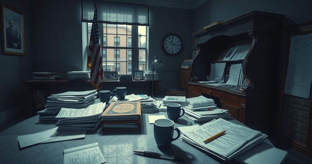 A contemplative scene of an empty, cluttered political desk with papers strewn about and a dim light overhead.