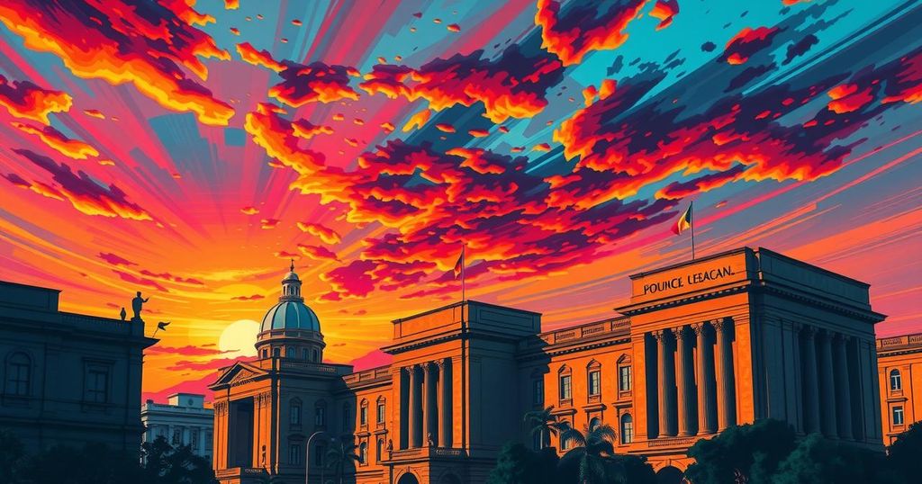 Colorful urban landscape depicting political tension and government buildings in Bolivia.