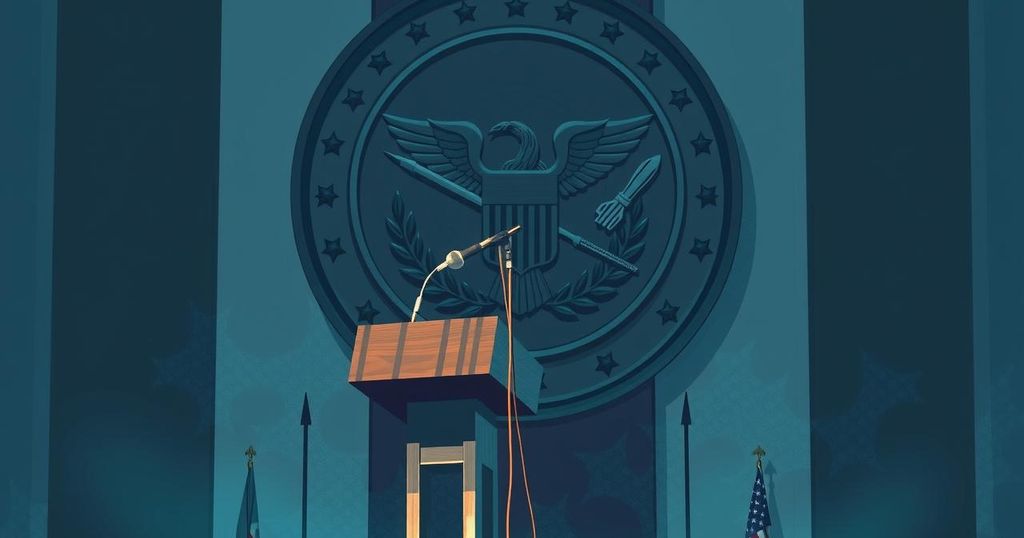 A tense press conference setting with a podium, microphone, and visual backdrop, showcasing a serious atmosphere.