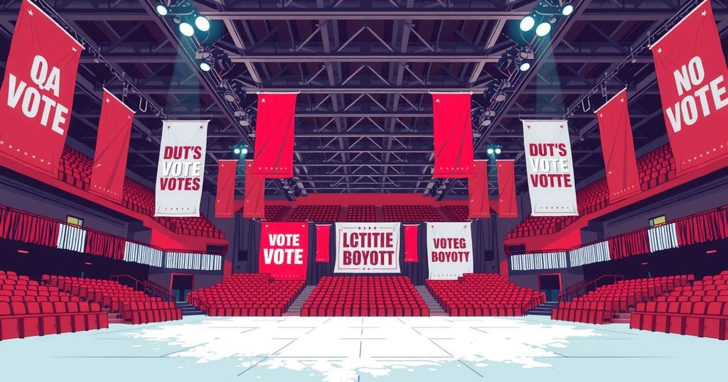 A political rally scene highlighting a large empty venue with banners displaying messages of opposition, emphasizing voter boycott.