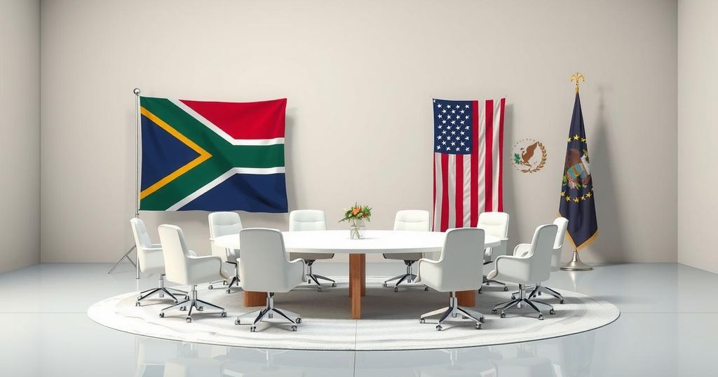 A conceptual representation of a political meeting with flags of South Africa and the USA, and neutral color palette.